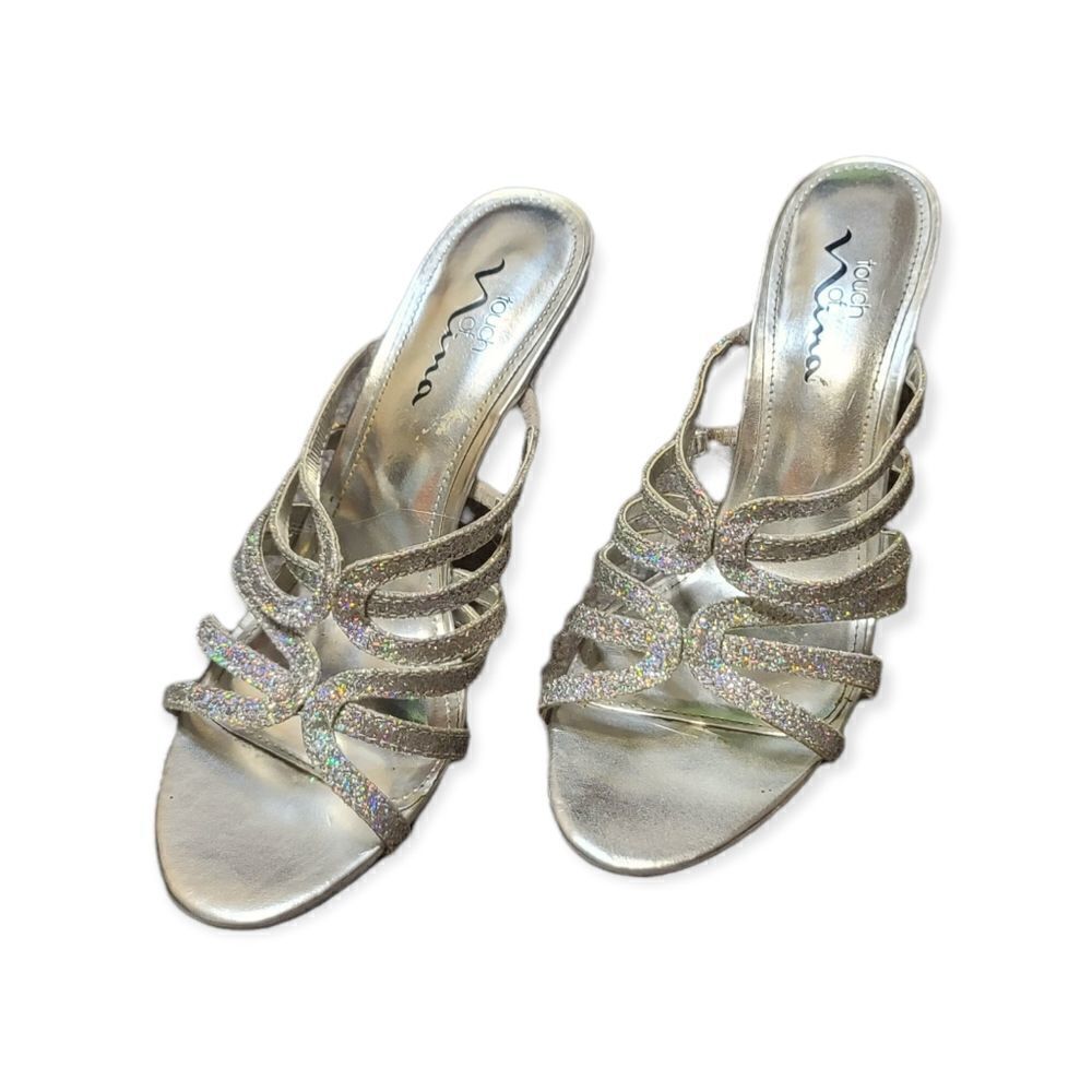 VINTAGE Touch of Nina Wedding Silver Glitter Heels Clear Heels Size 8 5
